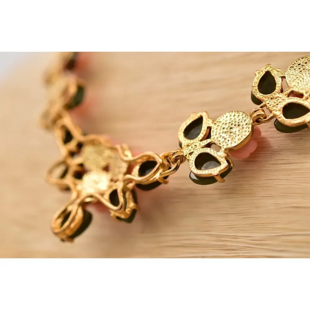 Vintage Carved Rose Leaf Collar Necklace Pink Floral Statement Gold Tone BinBE